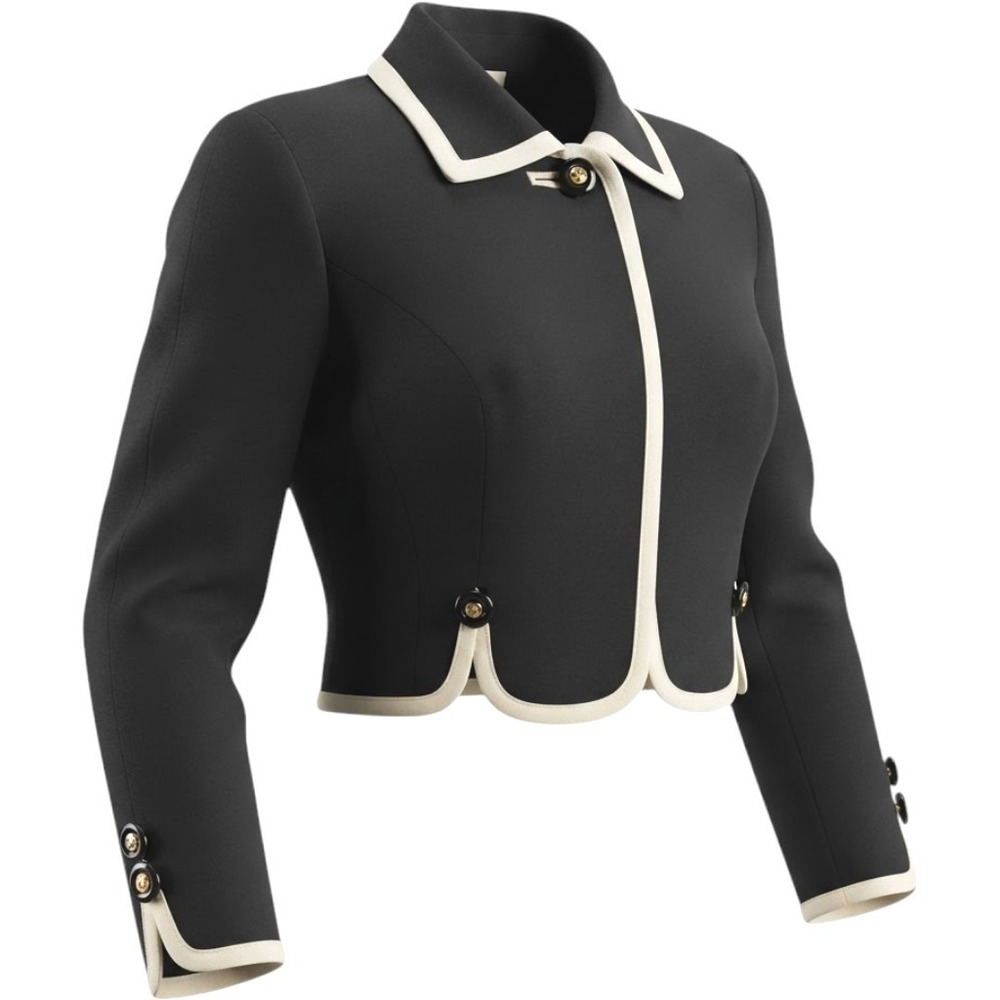 Vintage Black Cropped Jacket Cream Contrast Scallop Trim 4 P Old Money Bolero